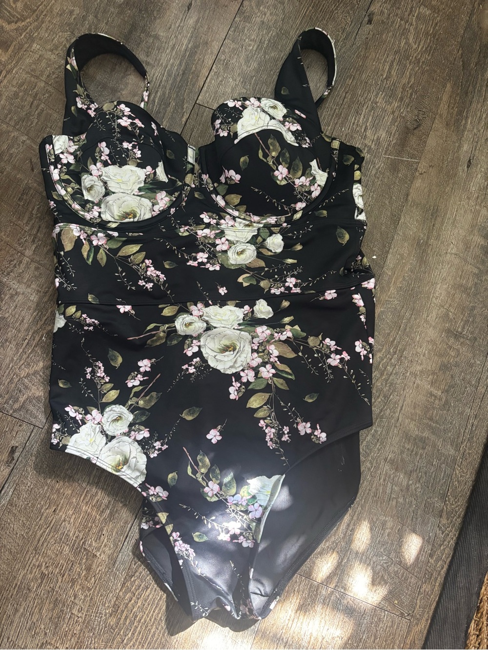 Girls' Floral One-Piece Swimsuit in Black with Pink & Cream Flowers